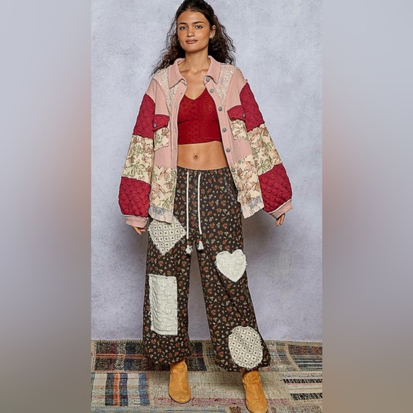 P59. NEW POL Quilted Lace Jacket Floral Pearls Balloon Sleeve Relaxed Fit Mauve - Picture 6 of 9